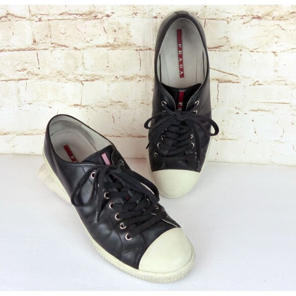 Prada Linea Rossa Sneaker Men 9UK 10 US Black White Leather Cap Toe Low Top $570 - Picture 1 of 16
